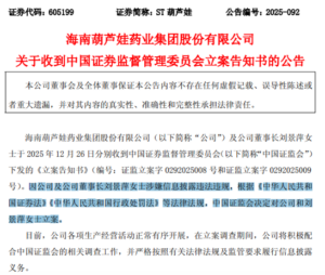 涉嫌信息披露违法违规 ST葫芦娃被证监会立案！